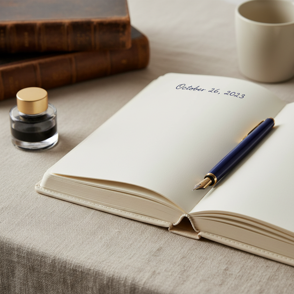 A close-up of an open, cream-colored journal lying on a textured linen cloth, its thick pages empty except for a date written neatly at the top. A fountain pen with a deep blue barrel and gold nib rests diagonally across the page, a tiny ink bottle nearby catching the light. Soft overcast daylight filters through an unseen window, creating gentle, even illumination and barely-there shadows. The background shows a blurred glimpse of stacked books and a simple ceramic mug. Photographic realism, shallow depth of field and rule-of-thirds composition, evoking quiet beginnings, introspection, and the courage to start writing again.