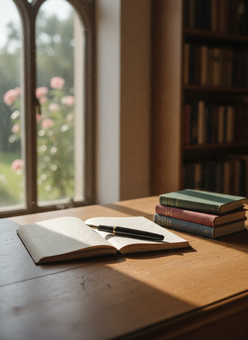 A well-used wooden writing desk with a slightly worn, honey-colored surface, scattered with an open linen-bound notebook filled with faint, handwritten lines, a heavy black fountain pen resting across the center crease, and a small stack of classic hardback novels with cloth spines. The desk is positioned beside a tall window in an old study, with soft morning light slanting in, illuminating dust motes and casting long, gentle shadows. In the background, bookshelves fade into a subtle blur. Photographic realism, eye-level composition with shallow depth of field, creating a contemplative, intellectual atmosphere focused on the act of writing and reflection.