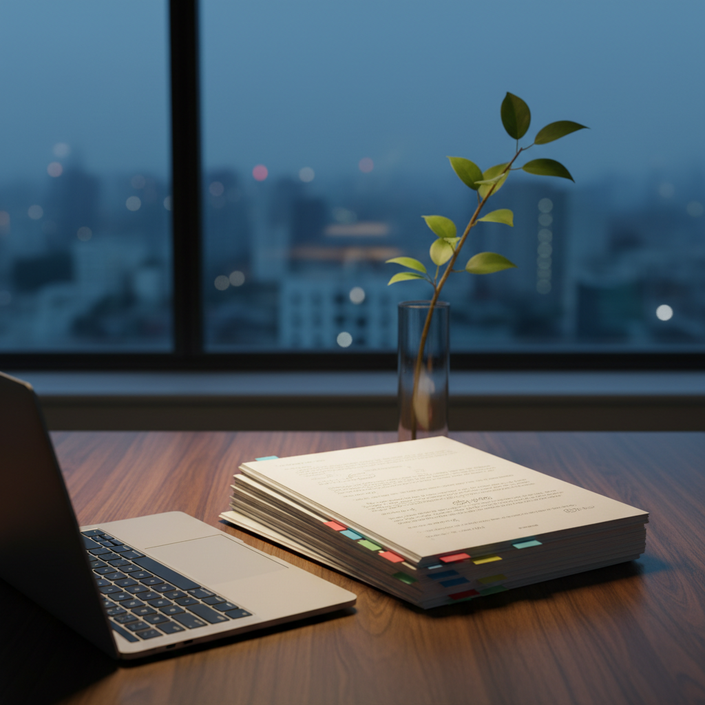 A slim silver laptop half-closed on a dark walnut table, beside a neat stack of printed manuscript pages marked with careful pencil annotations and colored tabs. A single branch of green leaves in a narrow glass vase stands nearby, suggesting quiet growth. The scene is set near a large window overlooking an out-of-focus cityscape at dusk, with cool blue ambient light mixing with a warm desk lamp glow that pools softly over the pages. Shot from a slightly elevated angle in photographic realism, emphasizing transition from academic work to creative writing, with a serious, reflective mood and restrained, sophisticated aesthetic.